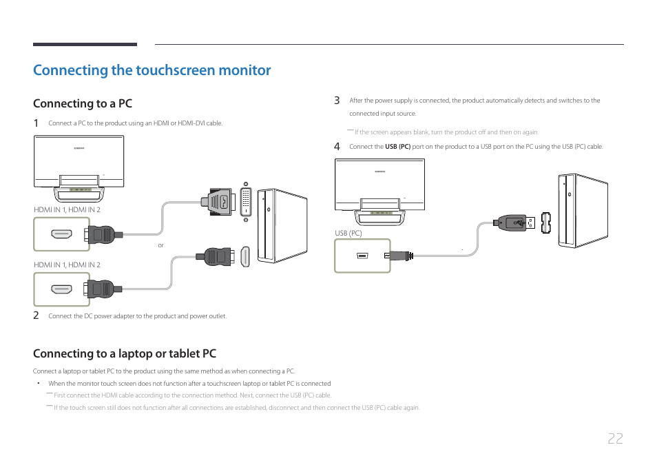 Connecting the touchscreen monitor, Connecting to a pc, Connecting to a laptop or tablet pc | Samsung LS24C770TS-ZA User Manual | Page 22 / 60