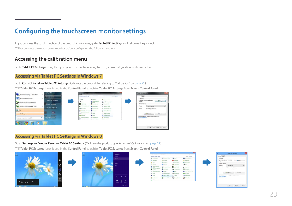 Configuring the touchscreen monitor settings, Accessing the calibration menu | Samsung LS24C770TS-ZA User Manual | Page 23 / 60