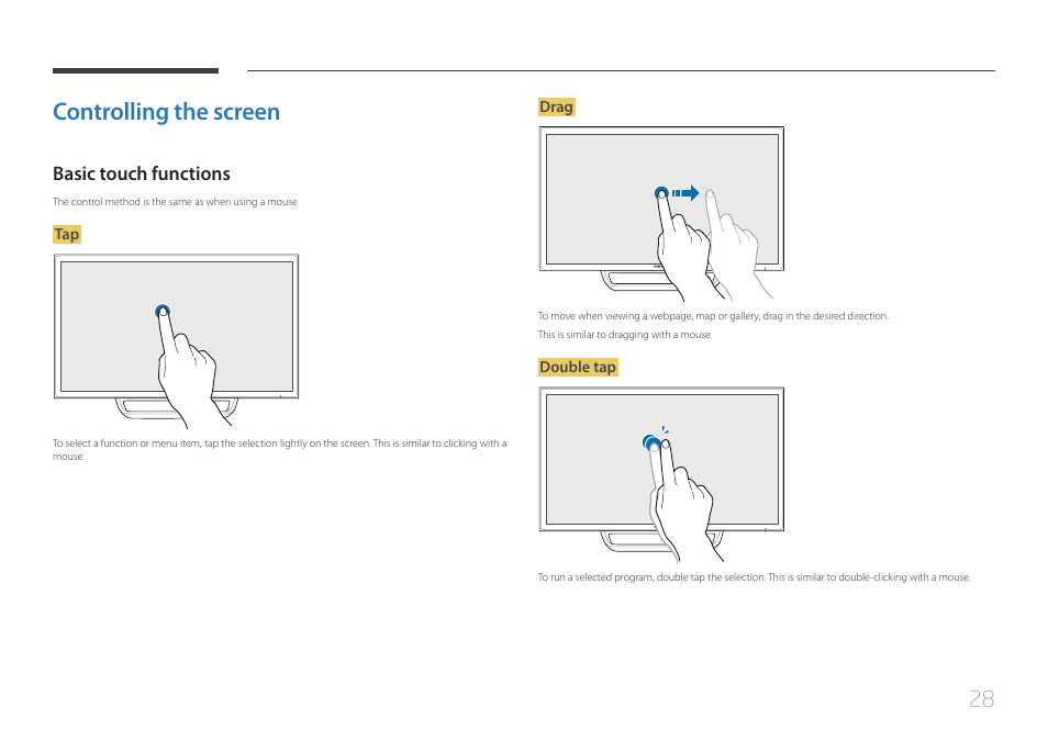 Controlling the screen, Basic touch functions | Samsung LS24C770TS-ZA User Manual | Page 28 / 60