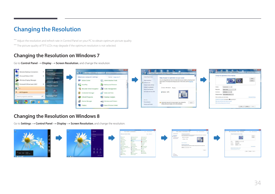 Changing the resolution, Changing the resolution on windows 7, Changing the resolution on windows 8 | Samsung LS24C770TS-ZA User Manual | Page 34 / 60