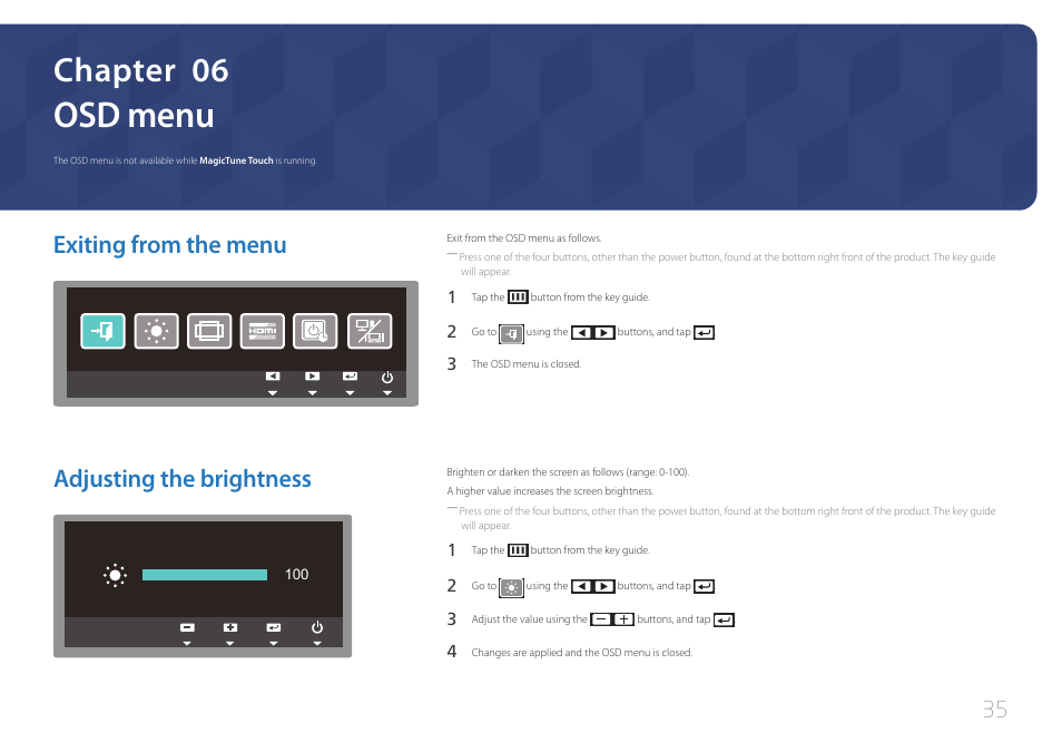 Osd menu, Exiting from the menu, Adjusting the brightness | Chapter 06 | Samsung LS24C770TS-ZA User Manual | Page 35 / 60