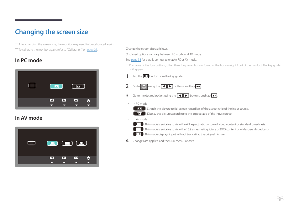 Changing the screen size, In pc mode, In av mode | Samsung LS24C770TS-ZA User Manual | Page 36 / 60