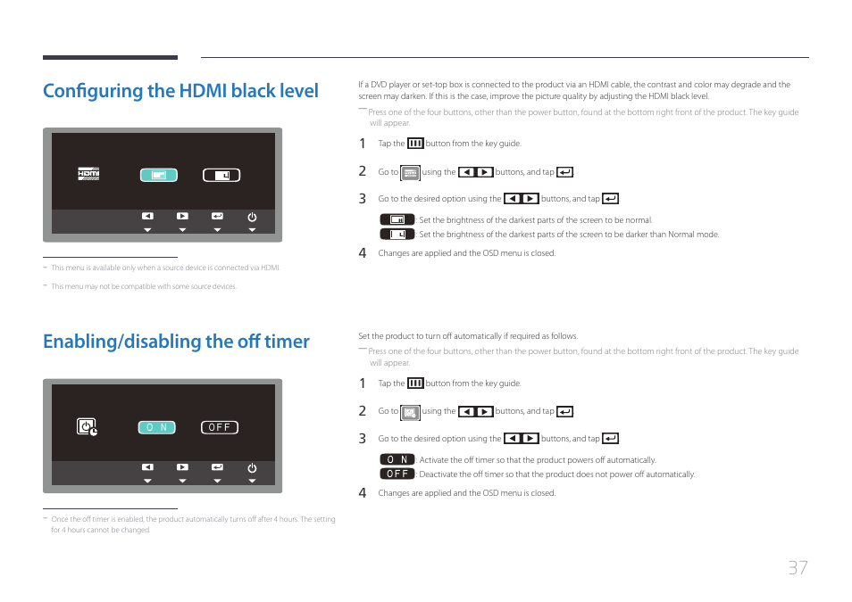 Configuring the hdmi black level, Enabling/disabling the off timer | Samsung LS24C770TS-ZA User Manual | Page 37 / 60