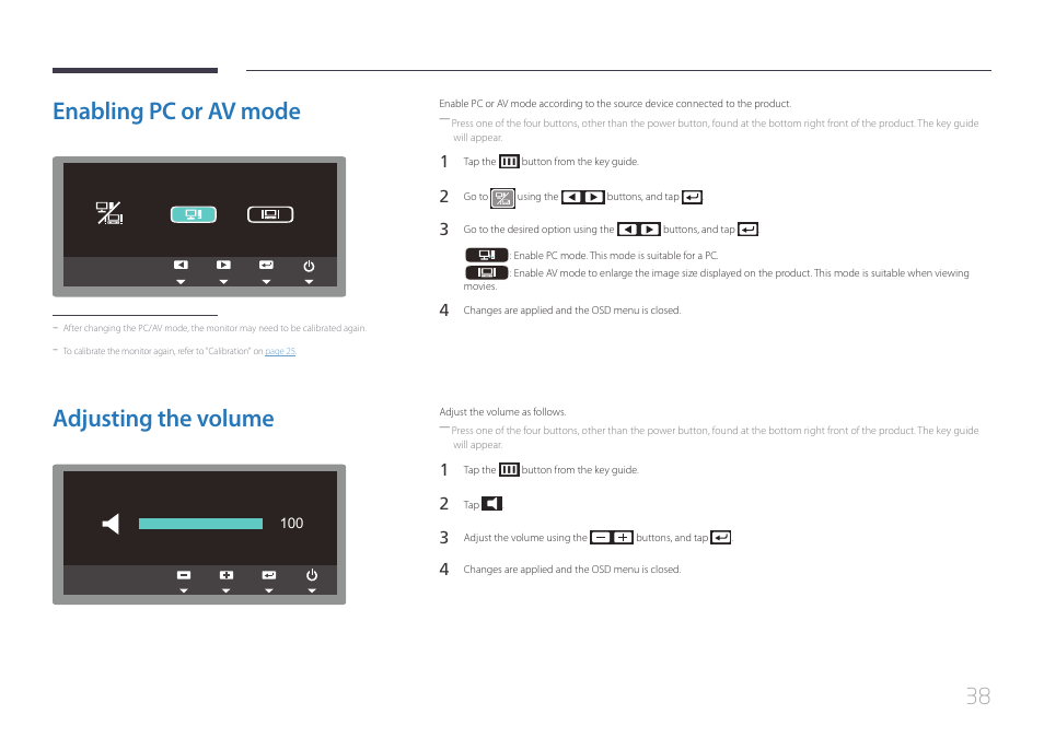 Enabling pc or av mode, Adjusting the volume | Samsung LS24C770TS-ZA User Manual | Page 38 / 60