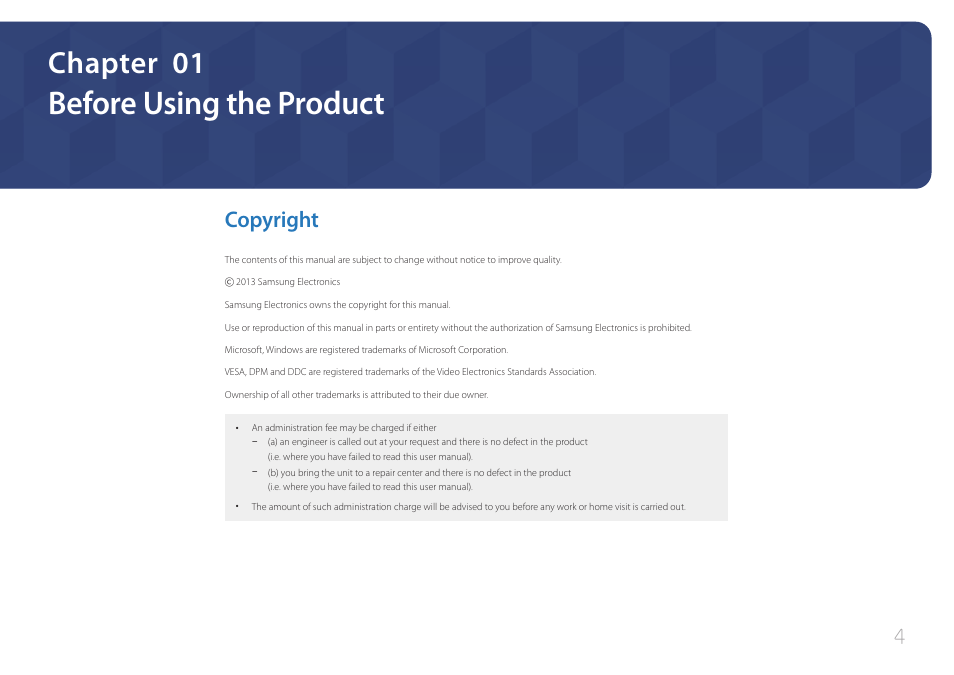 Before using the product, Copyright 4, Chapter 01 | Copyright | Samsung LS24C770TS-ZA User Manual | Page 4 / 60