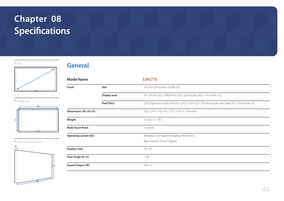 Specifications, General 44, Chapter 08 | General | Samsung LS24C770TS-ZA User Manual | Page 44 / 60