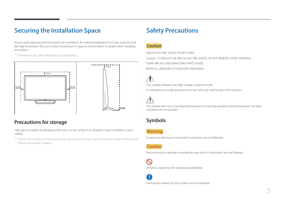 Securing the installation space, Precautions for storage, Safety precautions | Symbols 5, Symbols | Samsung LS24C770TS-ZA User Manual | Page 5 / 60