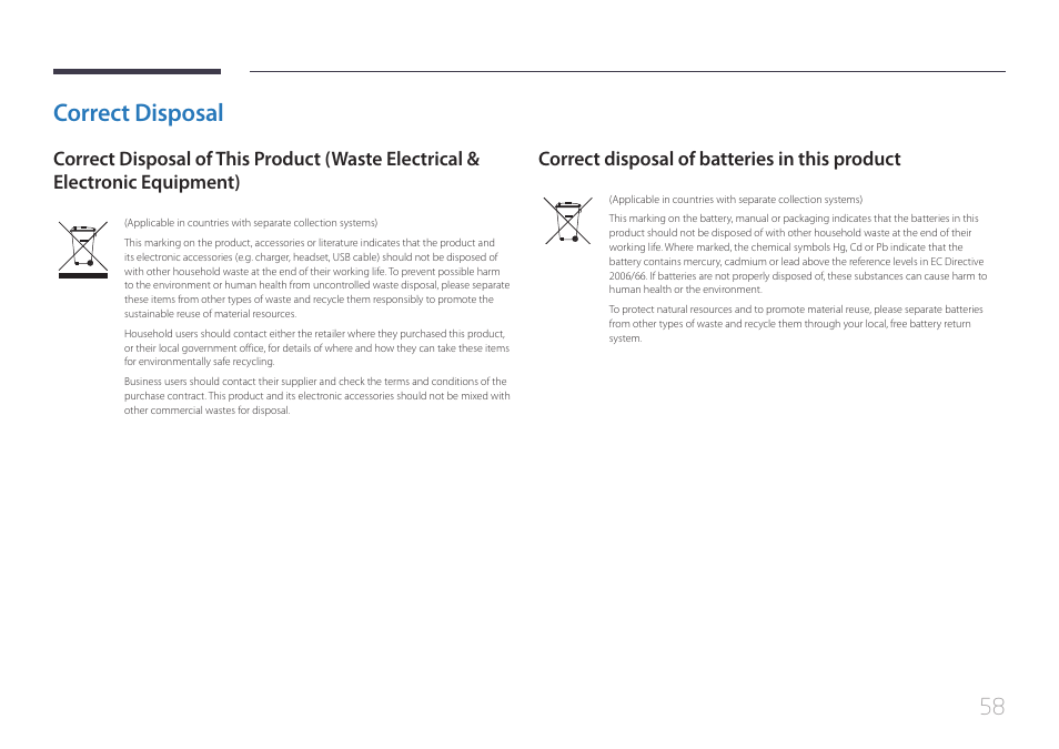 Correct disposal, Correct disposal of batteries in this product | Samsung LS24C770TS-ZA User Manual | Page 58 / 60