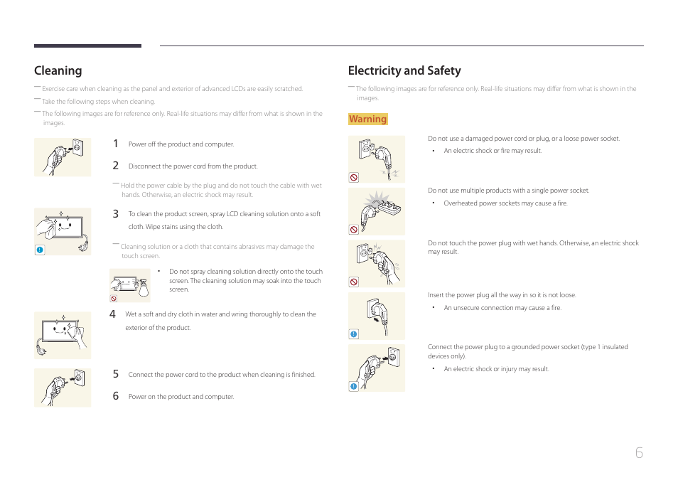 Cleaning 6 electricity and safety, Cleaning, Electricity and safety | Samsung LS24C770TS-ZA User Manual | Page 6 / 60