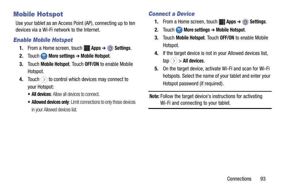 Mobile hotspot | Samsung SM-P605VZKEVZW User Manual | Page 100 / 144