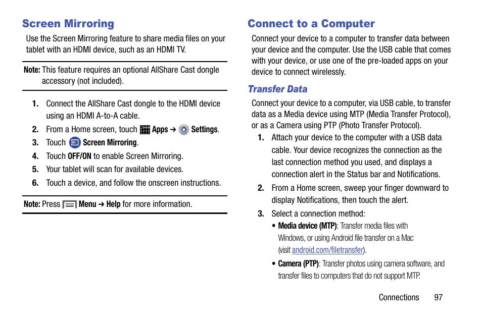 Screen mirroring, Connect to a computer, Screen mirroring connect to a computer | Samsung SM-P605VZKEVZW User Manual | Page 104 / 144