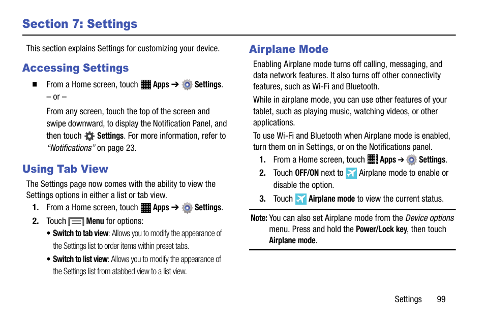 Section 7: settings, Accessing settings, Using tab view | Airplane mode, Accessing settings using tab view airplane mode | Samsung SM-P605VZKEVZW User Manual | Page 106 / 144