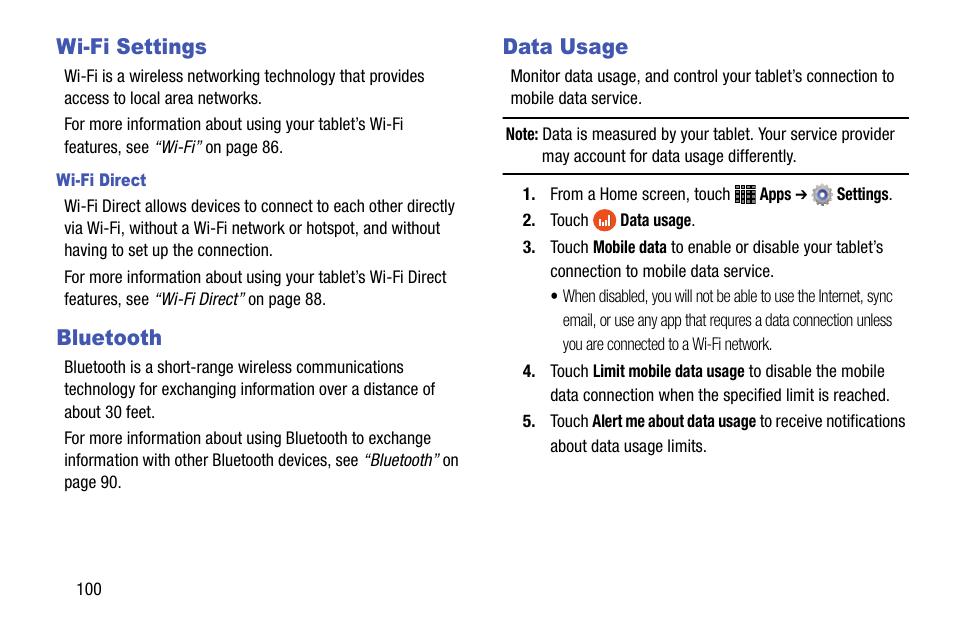Wi-fi settings, Bluetooth, Data usage | Wi-fi settings bluetooth data usage | Samsung SM-P605VZKEVZW User Manual | Page 107 / 144