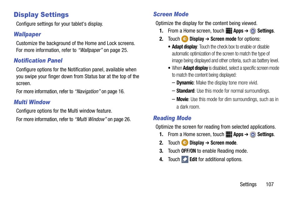 Display settings | Samsung SM-P605VZKEVZW User Manual | Page 114 / 144