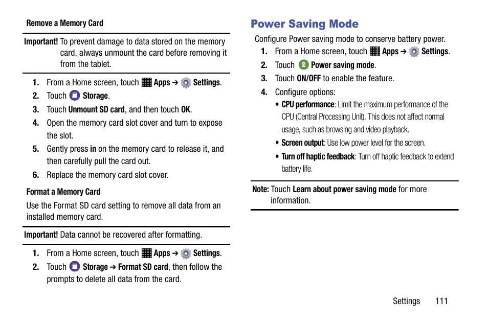 Power saving mode | Samsung SM-P605VZKEVZW User Manual | Page 118 / 144