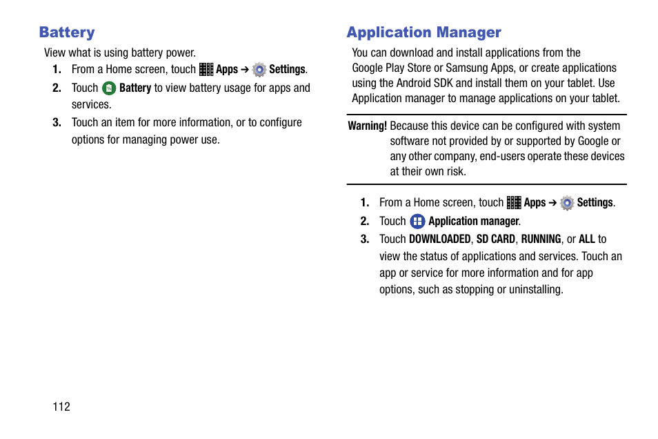 Battery, Application manager, Battery application manager | Samsung SM-P605VZKEVZW User Manual | Page 119 / 144