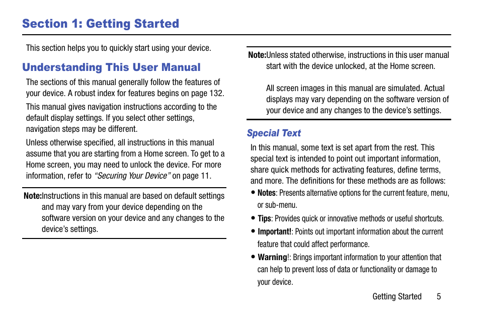 Section 1: getting started, Understanding this user manual | Samsung SM-P605VZKEVZW User Manual | Page 12 / 144