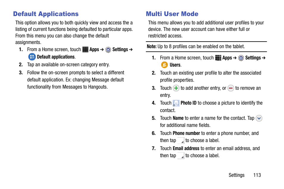 Default applications, Multi user mode, Default applications multi user mode | Samsung SM-P605VZKEVZW User Manual | Page 120 / 144