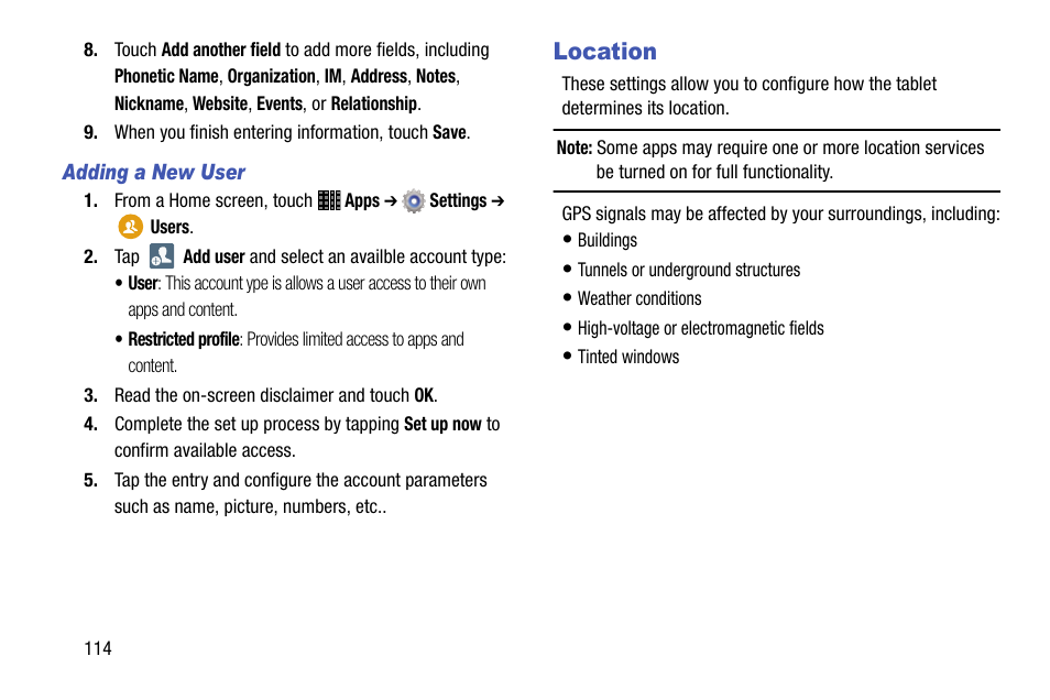 Location | Samsung SM-P605VZKEVZW User Manual | Page 121 / 144