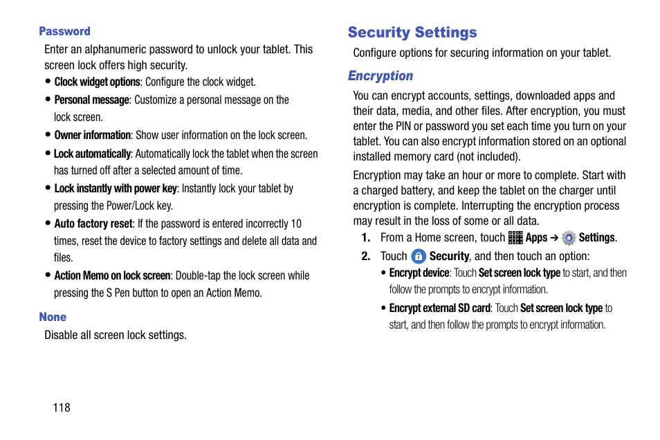 Security settings | Samsung SM-P605VZKEVZW User Manual | Page 125 / 144
