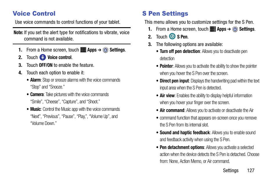 Voice control, S pen settings, Voice control s pen settings | Samsung SM-P605VZKEVZW User Manual | Page 134 / 144