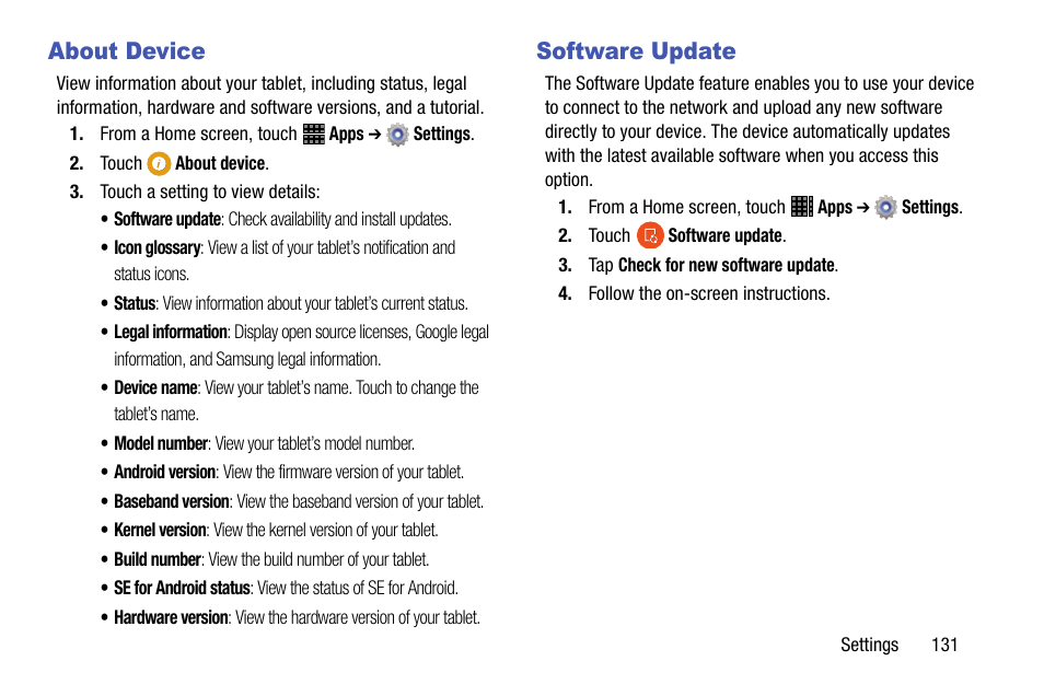 About device, Software update | Samsung SM-P605VZKEVZW User Manual | Page 138 / 144