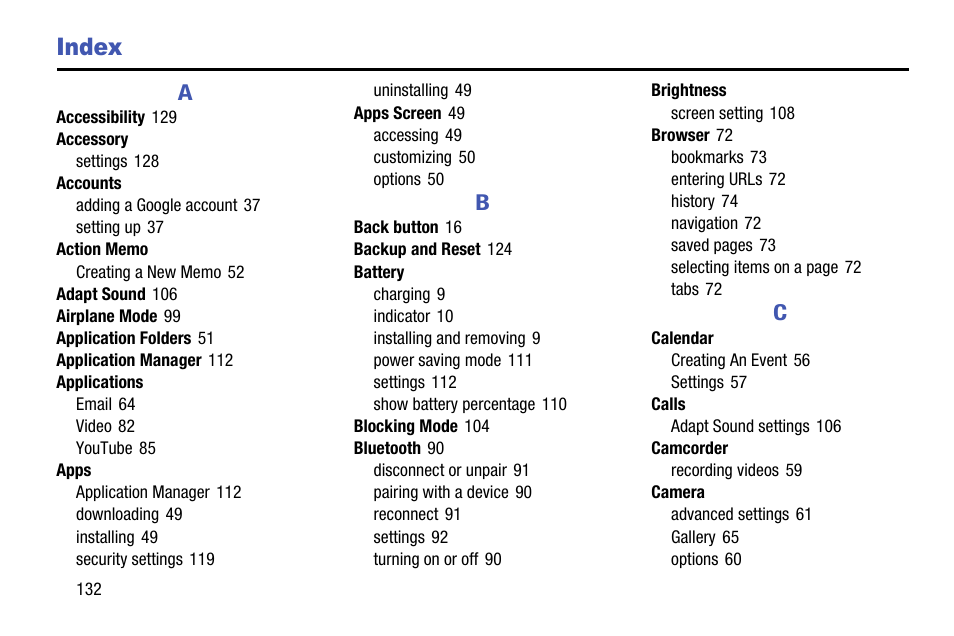 Index | Samsung SM-P605VZKEVZW User Manual | Page 139 / 144