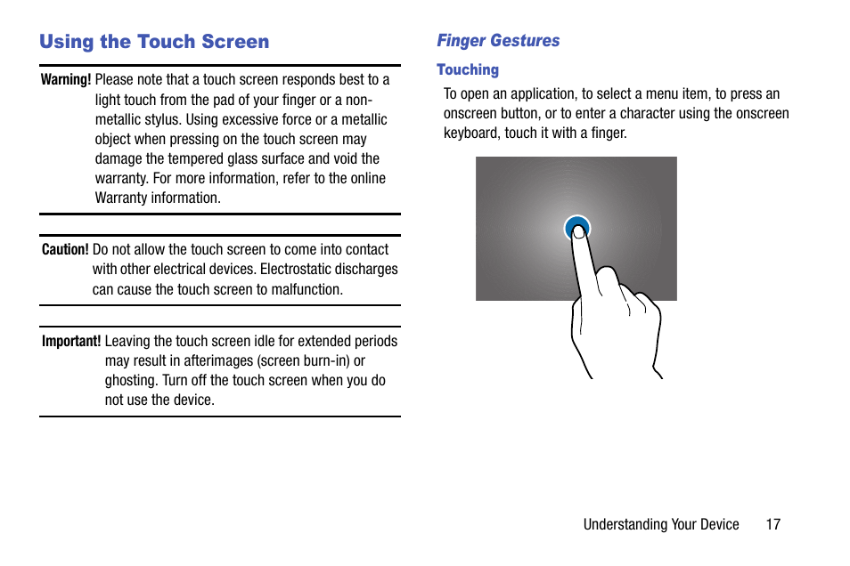 Using the touch screen | Samsung SM-P605VZKEVZW User Manual | Page 24 / 144