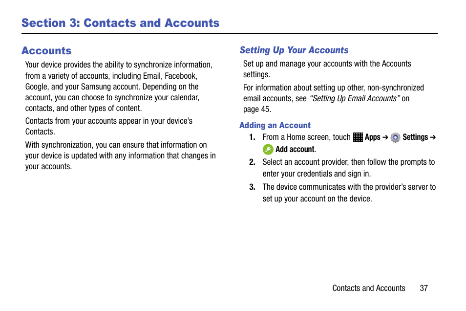 Section 3: contacts and accounts, Accounts | Samsung SM-P605VZKEVZW User Manual | Page 44 / 144