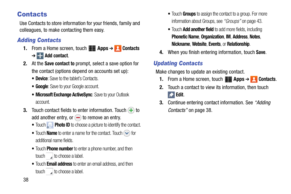 Contacts | Samsung SM-P605VZKEVZW User Manual | Page 45 / 144