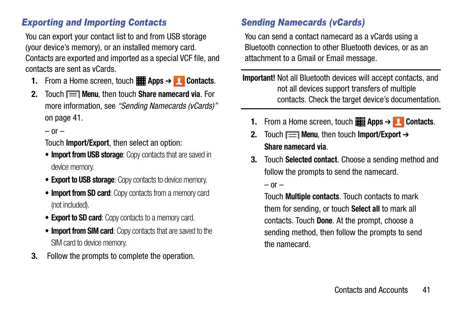 Rds. see “sending namecards (vcards)” on, Ts. see “exporting | Samsung SM-P605VZKEVZW User Manual | Page 48 / 144