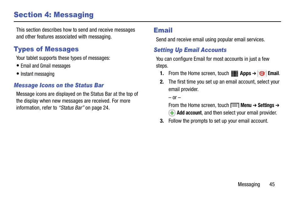 Section 4: messaging, Types of messages, Email | Types of messages email | Samsung SM-P605VZKEVZW User Manual | Page 52 / 144