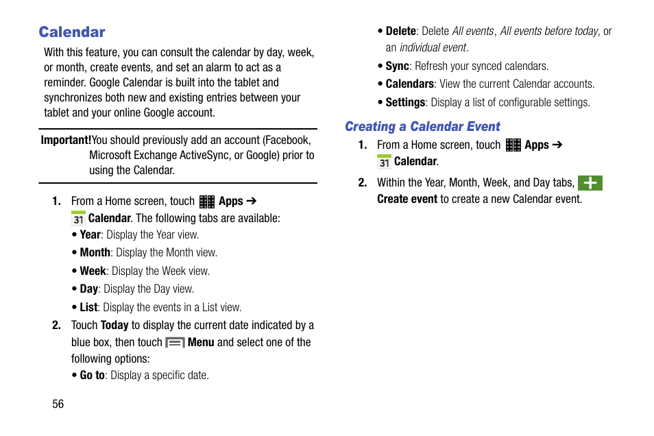 Calendar | Samsung SM-P605VZKEVZW User Manual | Page 63 / 144