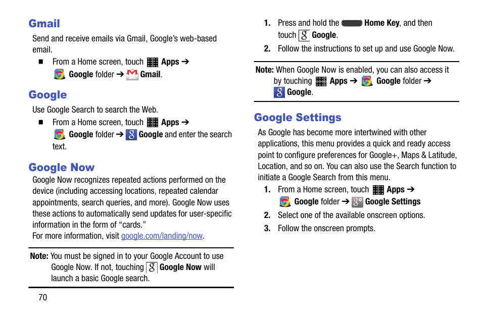 Gmail, Google, Google now | Google settings, Gmail google google now google settings | Samsung SM-P605VZKEVZW User Manual | Page 77 / 144