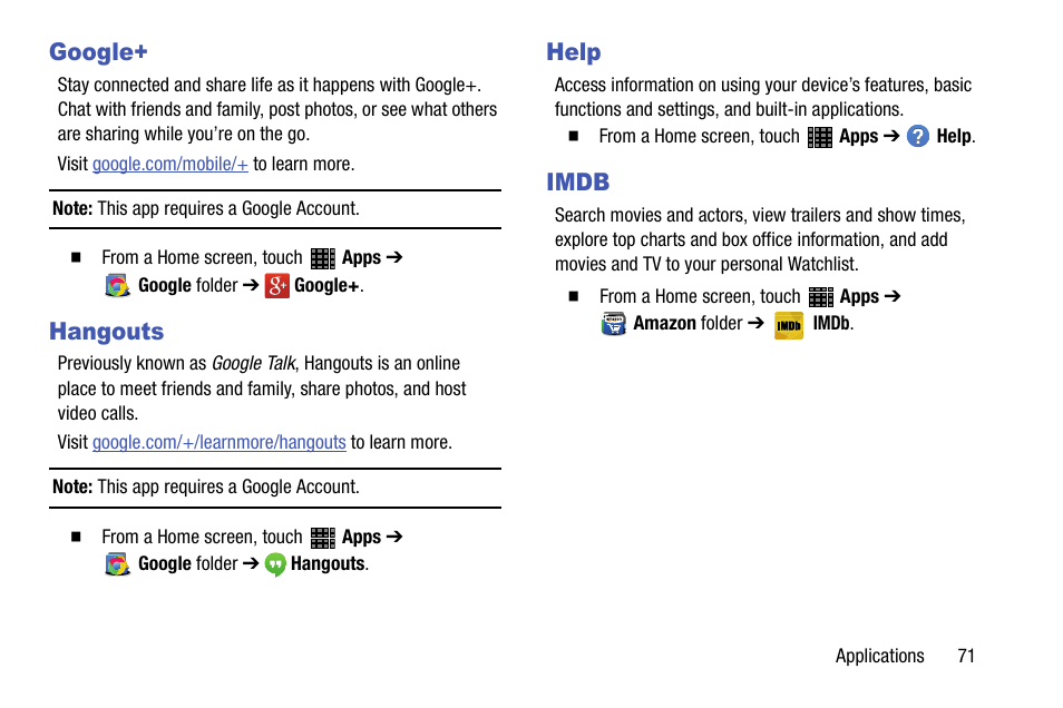Google, Hangouts, Help | Imdb, Google+ hangouts help imdb | Samsung SM-P605VZKEVZW User Manual | Page 78 / 144