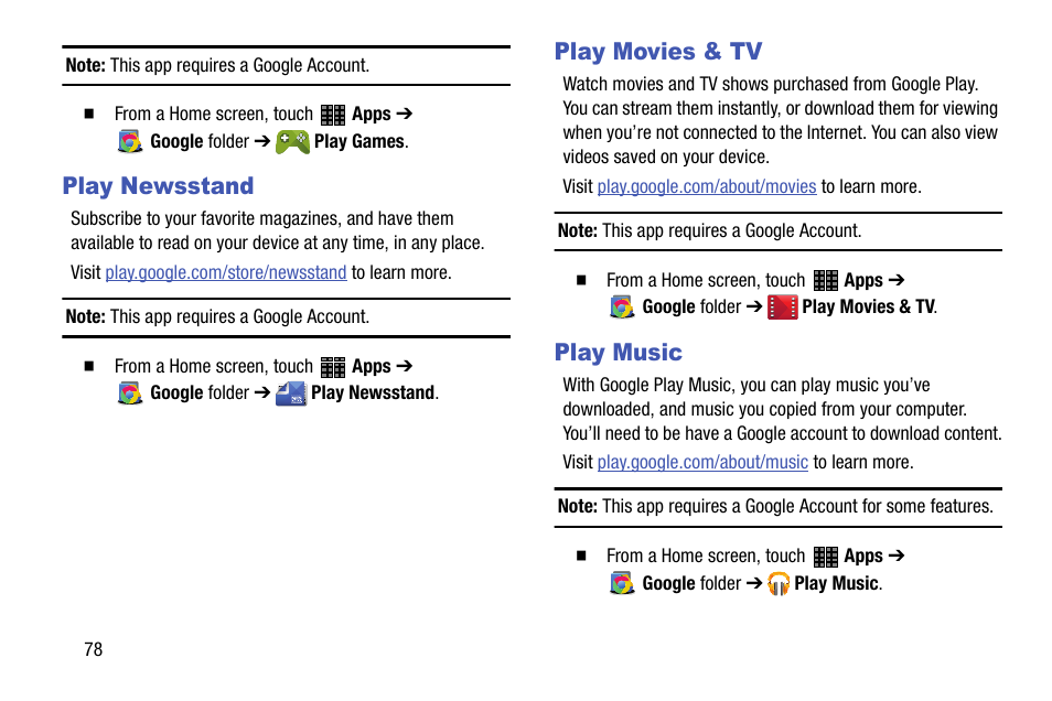Play newsstand, Play movies & tv, Play music | Play newsstand play movies & tv play music | Samsung SM-P605VZKEVZW User Manual | Page 85 / 144