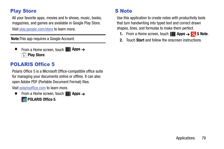 Play store, Polaris office 5, S note | Play store polaris office 5 s note | Samsung SM-P605VZKEVZW User Manual | Page 86 / 144