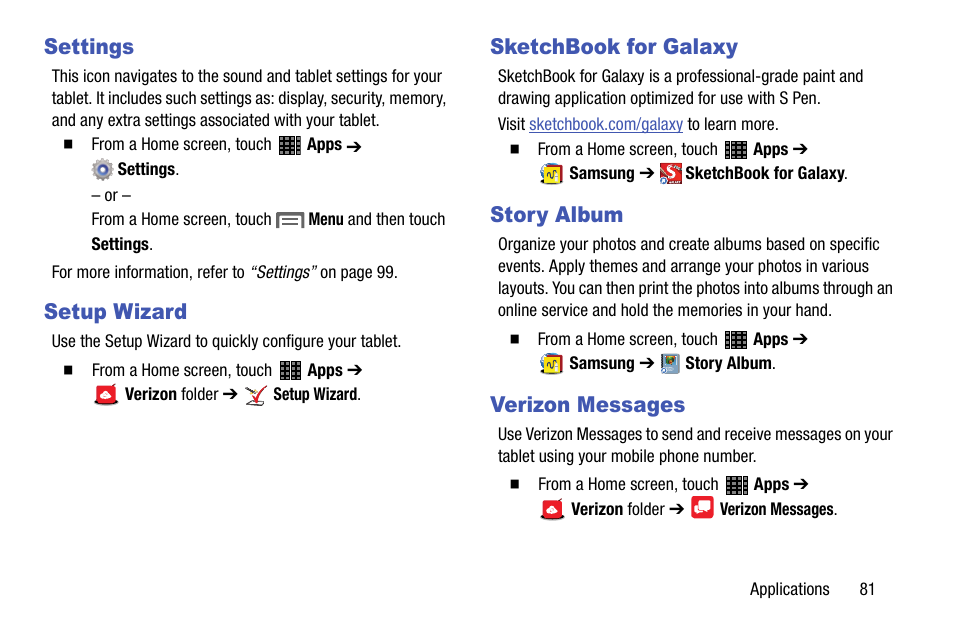 Settings, Setup wizard, Sketchbook for galaxy | Story album, Verizon messages | Samsung SM-P605VZKEVZW User Manual | Page 88 / 144