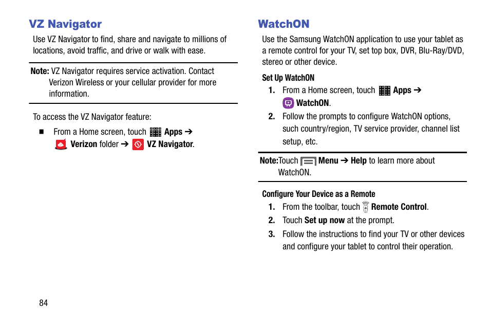 Vz navigator, Watchon, Vz navigator watchon | Samsung SM-P605VZKEVZW User Manual | Page 91 / 144