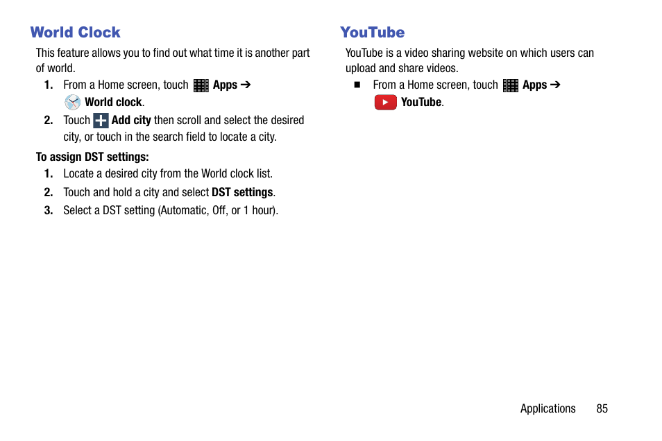 World clock, Youtube, World clock youtube | Samsung SM-P605VZKEVZW User Manual | Page 92 / 144