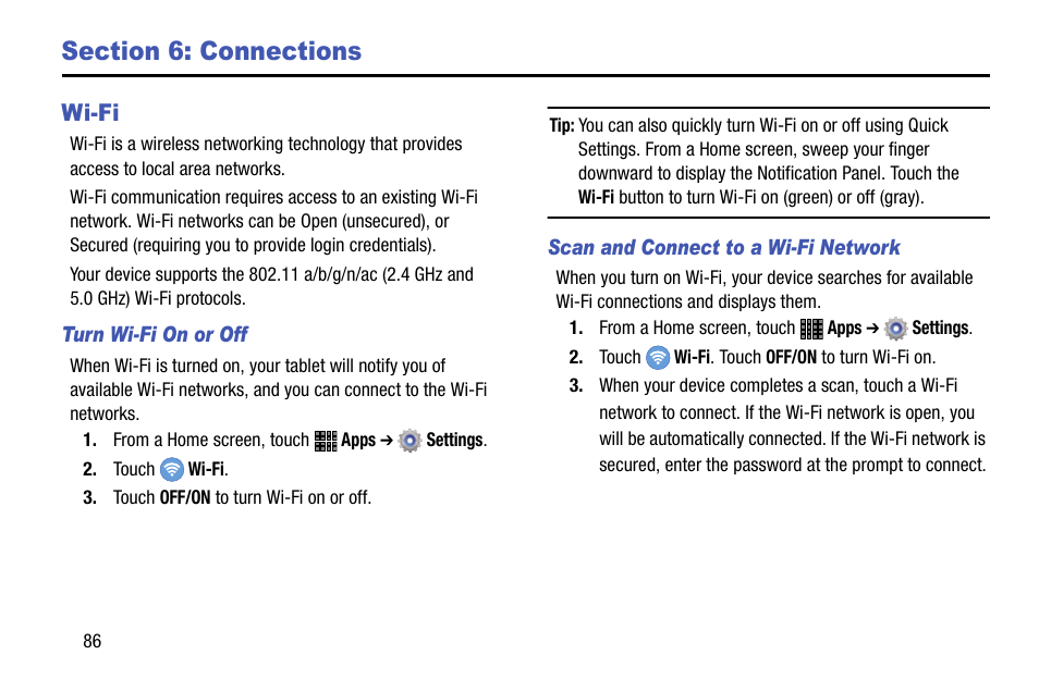 Section 6: connections, Wi-fi | Samsung SM-P605VZKEVZW User Manual | Page 93 / 144