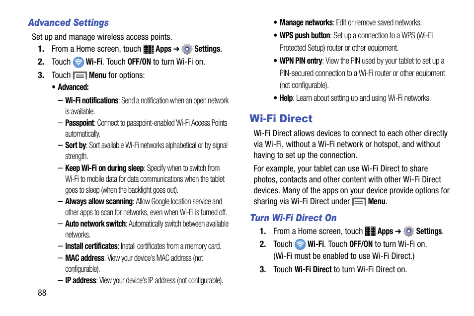 Wi-fi direct | Samsung SM-P605VZKEVZW User Manual | Page 95 / 144