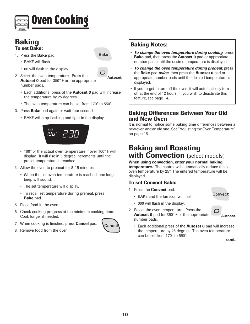 Oven cooking, Baking, Baking and roasting with convection | Baking differences between your old and new oven, Select models) | Amana EASY TOUCH CONTROL 800 User Manual | Page 11 / 84