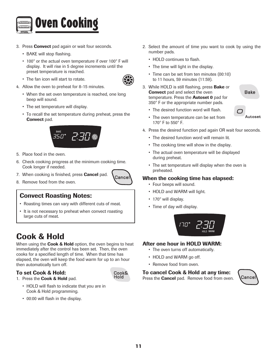 Oven cooking, Cook & hold | Amana EASY TOUCH CONTROL 800 User Manual | Page 12 / 84