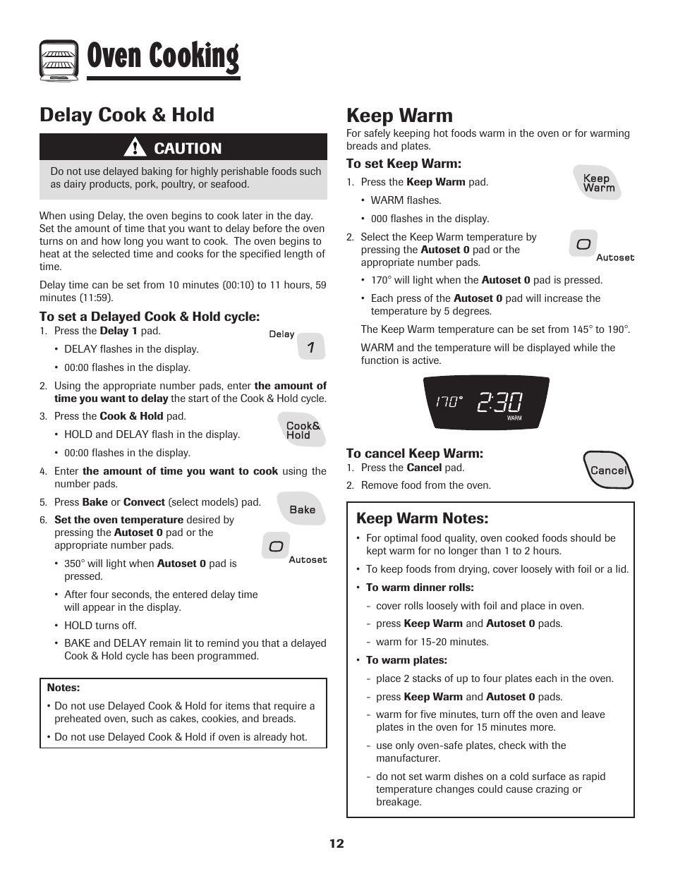 Oven cooking, Keep warm, Delay cook & hold | Caution | Amana EASY TOUCH CONTROL 800 User Manual | Page 13 / 84