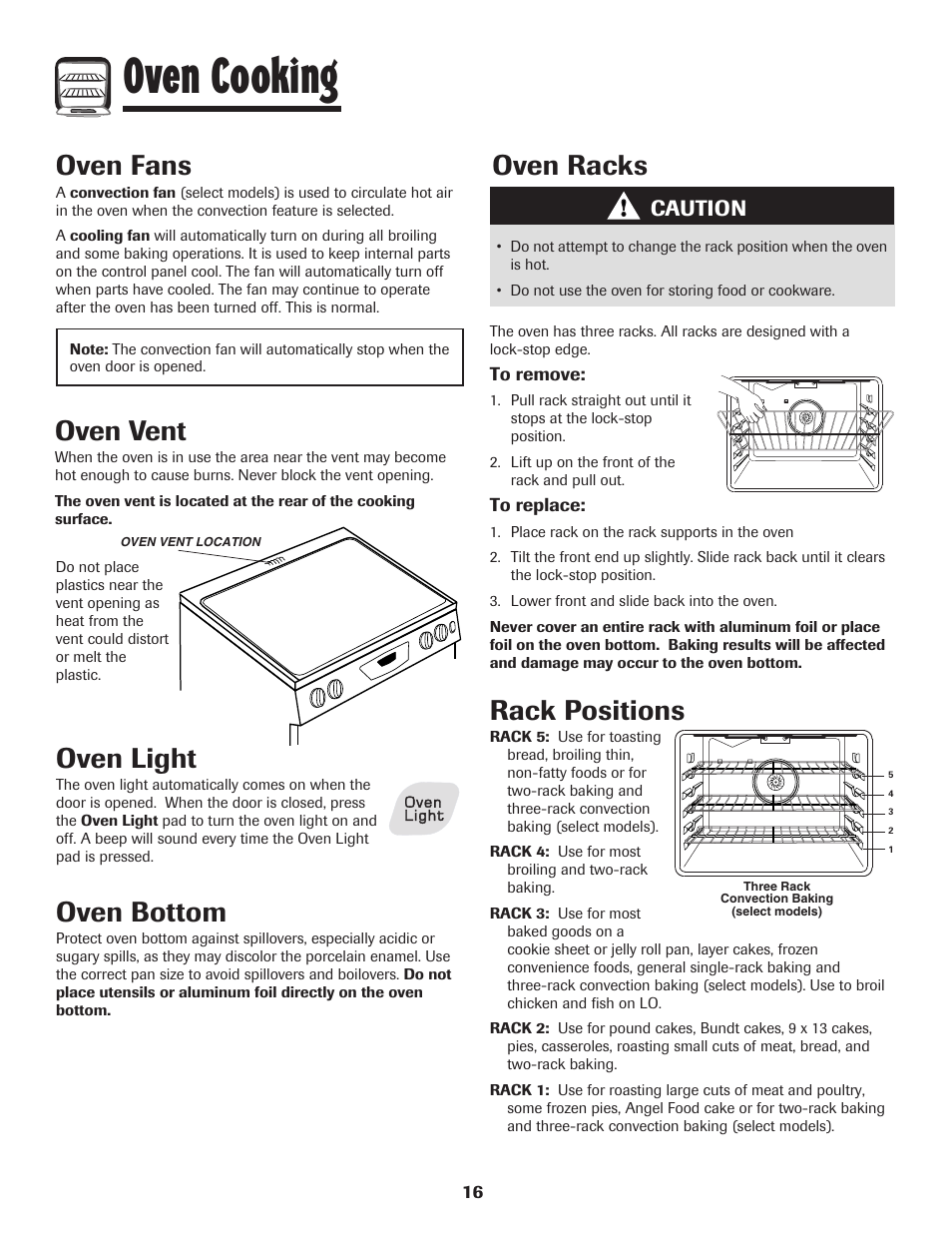 Oven cooking, Oven light, Oven bottom | Oven fans, Oven vent, Oven racks, Rack positions, Caution | Amana EASY TOUCH CONTROL 800 User Manual | Page 17 / 84