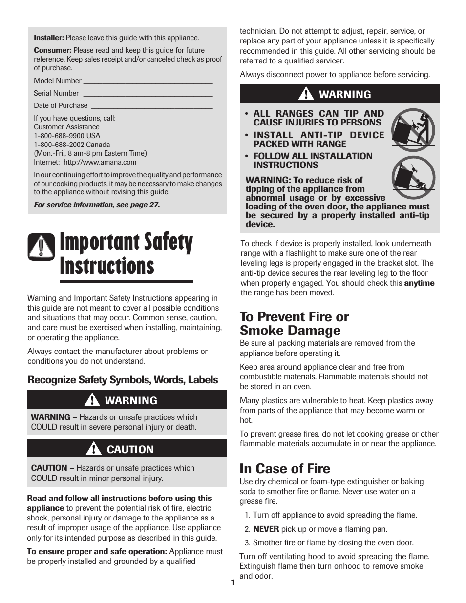 Important safety instructions | Amana EASY TOUCH CONTROL 800 User Manual | Page 2 / 84