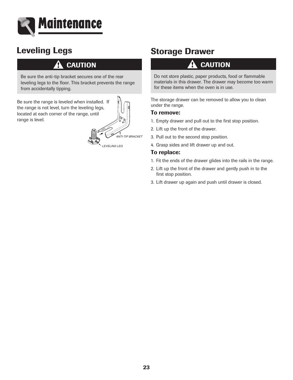 Maintenance, Leveling legs, Storage drawer | Caution | Amana EASY TOUCH CONTROL 800 User Manual | Page 24 / 84