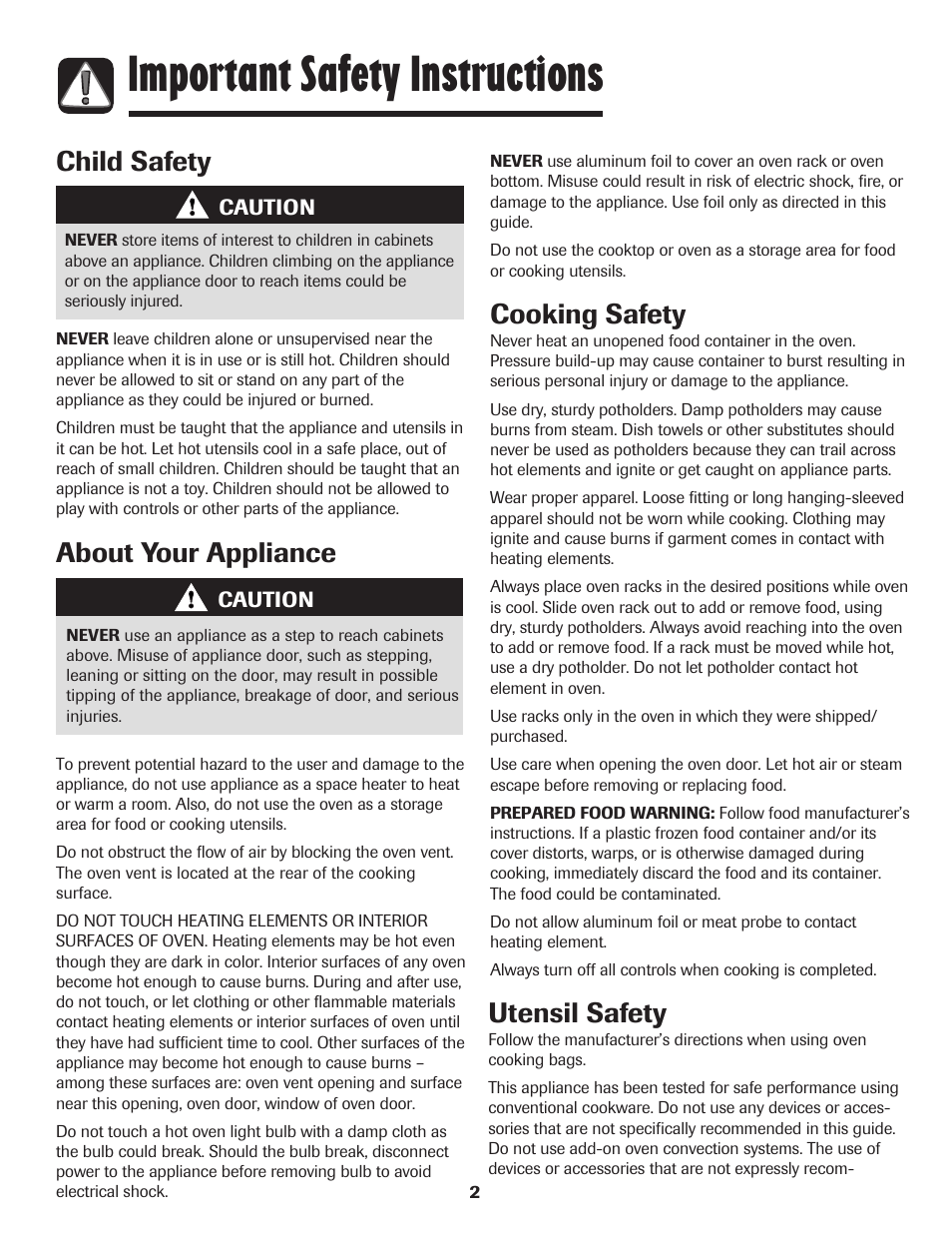 Important safety instructions, About your appliance, Cooking safety | Child safety utensil safety | Amana EASY TOUCH CONTROL 800 User Manual | Page 3 / 84