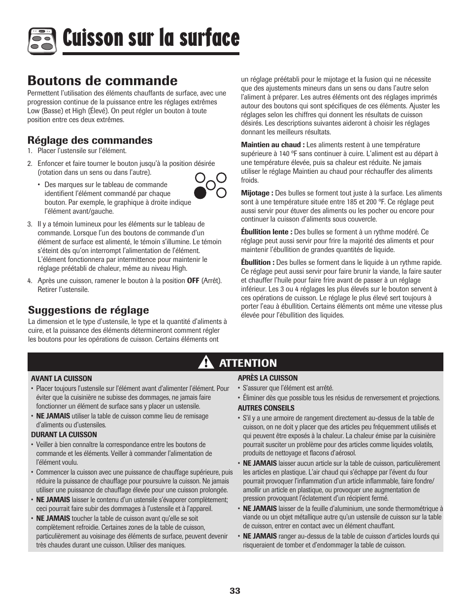 Cuisson sur la surface, Boutons de commande, Réglage des commandes | Attention, Suggestions de réglage | Amana EASY TOUCH CONTROL 800 User Manual | Page 34 / 84